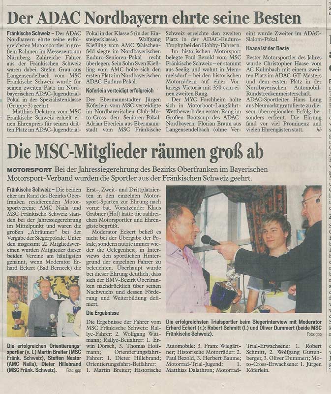 Bericht vom 18.12.08 aus dem Fränkischen Tag von der Bericht des FT von der Jahressiegerehrung des Bezirks Oberfranken und beim ADAC Nordbayern